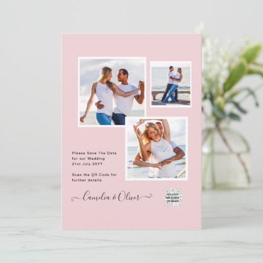 Moderne FOTO Huwelijksuitnodiging QR CODE RSVP Roz Kaart (Staand voorkant)