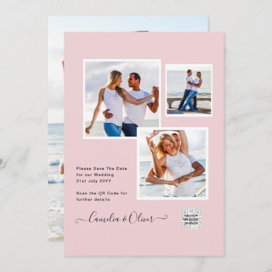 Moderne FOTO Huwelijksuitnodiging QR CODE RSVP Roz Kaart (Voorkant / Achterkant)