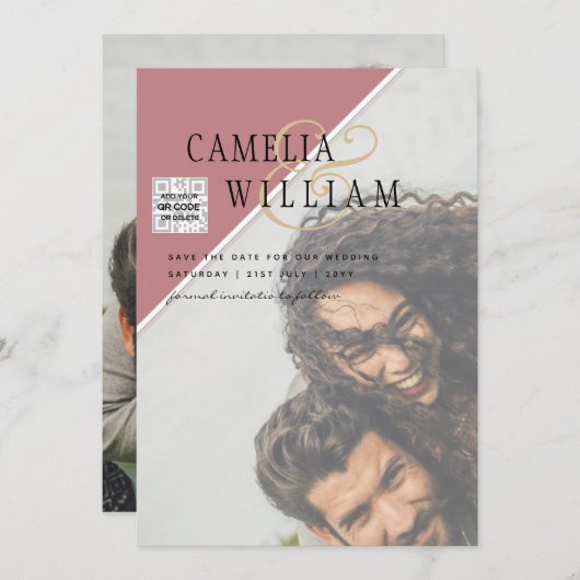 Moderne FOTO Huwelijksuitnodiging QR CODE RSVP Sto Kaart (Voorkant / Achterkant)