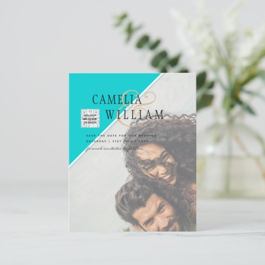 Moderne FOTO Huwelijksuitnodiging QR CODE RSVP TEA (Staand voorkant)