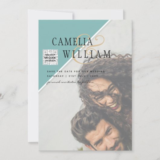 Moderne FOTO Huwelijksuitnodiging QR CODE RSVP TEA Kaart (Voorkant)