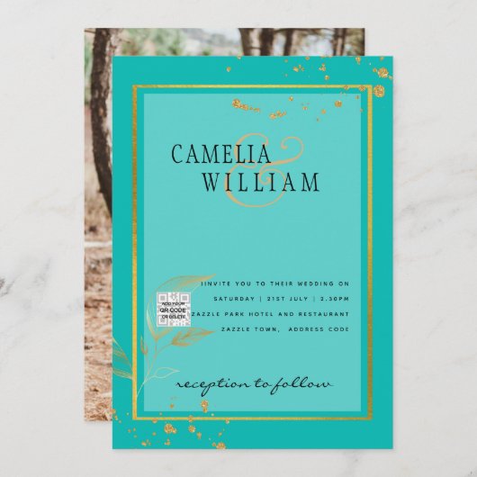 Moderne FOTO Huwelijksuitnodiging QR CODE RSVP TEA Kaart (Voorkant / Achterkant)