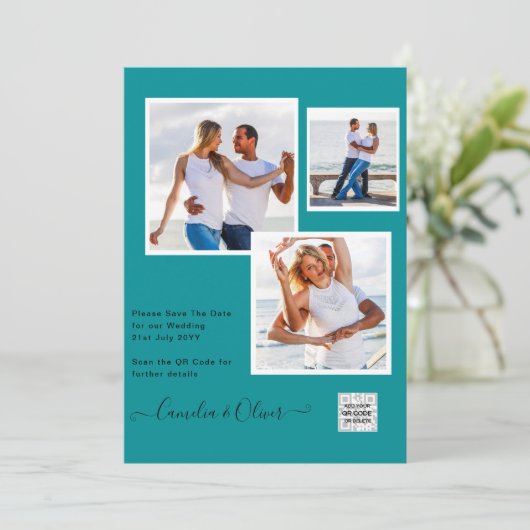 Moderne FOTO Huwelijksuitnodiging QR CODE RSVP TEA Kaart (Staand voorkant)