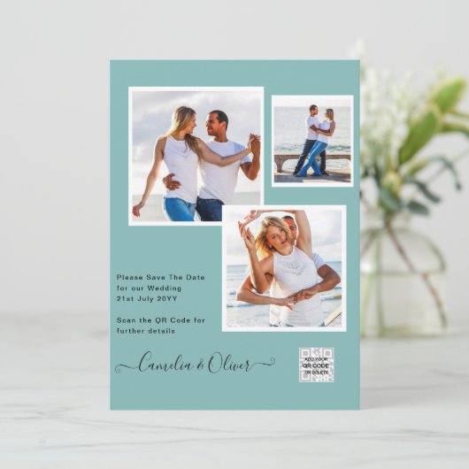Moderne FOTO Huwelijksuitnodiging QR CODE RSVP TEA Kaart (Staand voorkant)