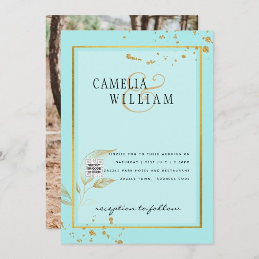 Moderne FOTO Huwelijksuitnodiging QR CODE RSVP TEA Kaart (Voorkant / Achterkant)