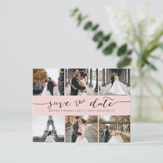 Moderne foto-inkling Sparen de Datum Blush Roze Aankondigingskaart (Staand voorkant)