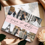 Moderne foto-inkling Sparen de Datum Blush Roze Aankondigingskaart<br><div class="desc">Kies de beste afbeeldingen uit je verloving-opname of je favoriete afbeeldingen van jullie twee voor deze perfecte bewaardatum. De woorden sparen de datum zijn handgeschreven om een persoonlijk gevoel aan de kaart te geven. De voorkant heeft 6 afbeeldingen en de achterkant heeft een groot afbeelding met een witte filter op...</div>