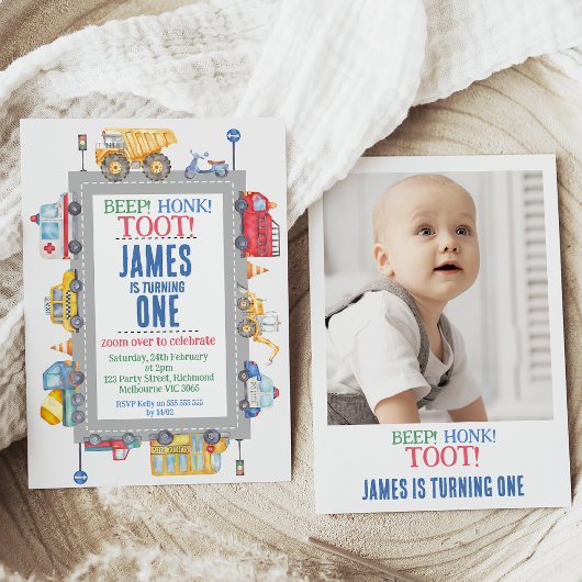 Moderne foto jongens wegvervoer 1e verjaardag kaart