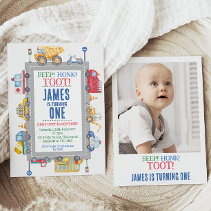 Moderne foto jongens wegvervoer 1e verjaardag kaart