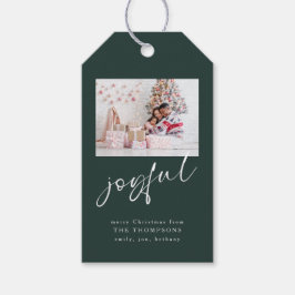 Moderne foto Joyful Script Groene Kerstmis Cadeaulabel