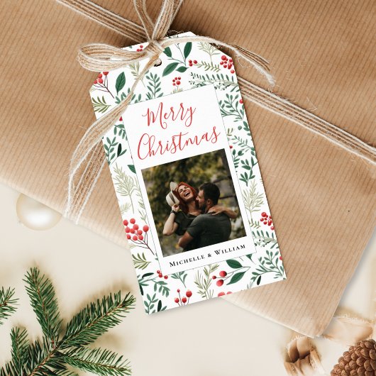 Moderne Foto Kerst Script Rode Bessen Cadeaulabel