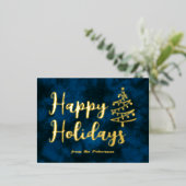Moderne foto Kerstboom blauw goud vakantiekaart Folie Feestdagen Briefkaart (Staand Voorkant)