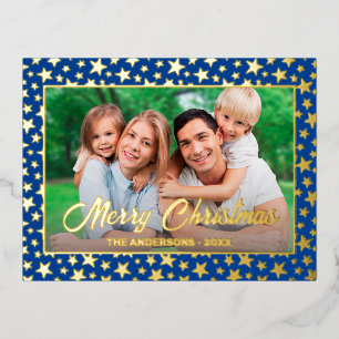 Moderne foto Kerstelegant gouden ster blauw Folie Feestdagen Briefkaart