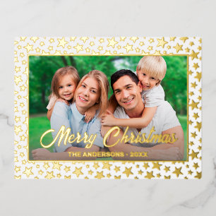Moderne foto Kerstelegant script gouden sterren Folie Feestdagen Briefkaart