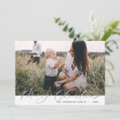 Moderne foto kerstelegant zilver script feestdagenkaart (Staand voorkant)