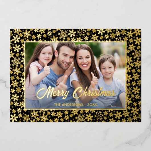 Moderne foto Kerstelegant zwart en goud Folie Feestdagenkaart (Voorkant)