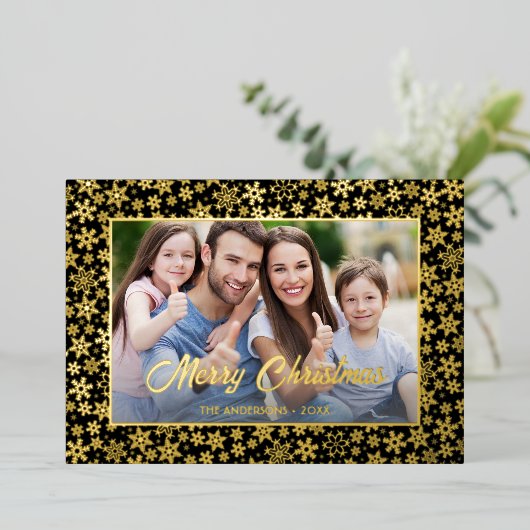 Moderne foto Kerstelegant zwart en goud Folie Feestdagenkaart (Staand Voorkant)
