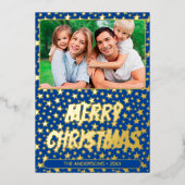 Moderne foto Kerstelegante sterren blauw Folie Feestdagenkaart (Voorkant)