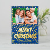 Moderne foto Kerstelegante sterren blauw Folie Feestdagenkaart (Staand Voorkant)