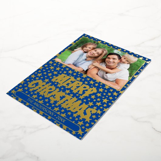 Moderne foto Kerstelegante sterren blauw Folie Feestdagenkaart (Gedraaid)