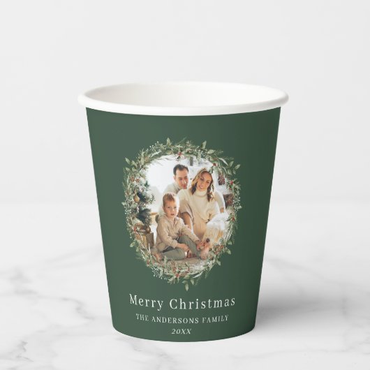 Moderne foto Kerstkrans groen Papieren Bekers (Voorkant)