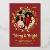 Moderne foto Kerstkrans met Merry & Bright-script Folie Feestdagenkaart (Voorkant)