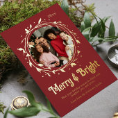 Moderne foto Kerstkrans met Merry & Bright-script Folie Feestdagenkaart