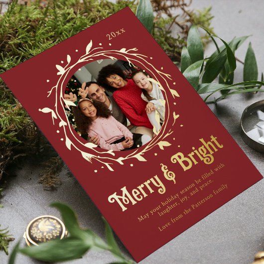 Moderne foto Kerstkrans met Merry & Bright-script Folie Feestdagenkaart