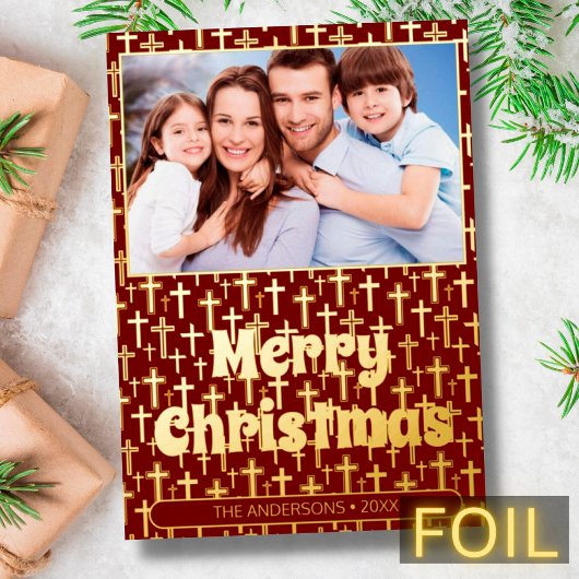 Moderne foto kerstkruis elegante rode bogung folie feestdagenkaart