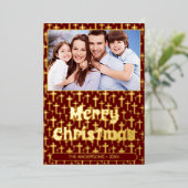 Moderne foto kerstkruis elegante rode bogung folie feestdagenkaart (Staand Voorkant)