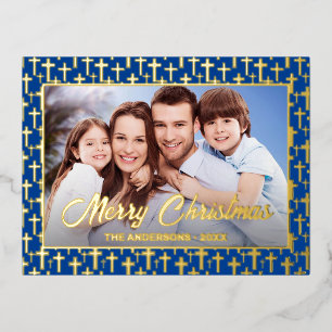 Moderne foto Kerstmis Jezus koninklijk blauw Folie Feestdagen Briefkaart