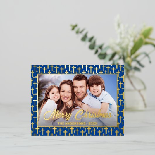 Moderne foto Kerstmis Jezus koninklijk blauw Folie Feestdagen Briefkaart (Staand Voorkant)