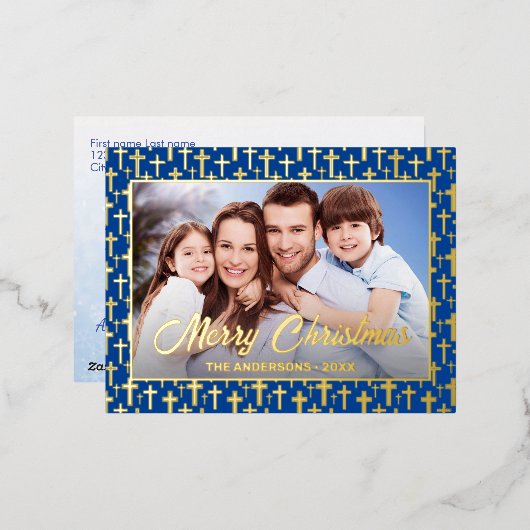 Moderne foto Kerstmis Jezus koninklijk blauw Folie Feestdagen Briefkaart (Voorkant / Achterkant)