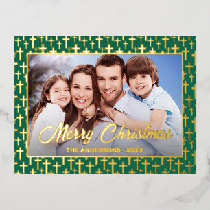 Moderne foto Kerstmis Jezus kruin groen elegant Folie Feestdagen Briefkaart