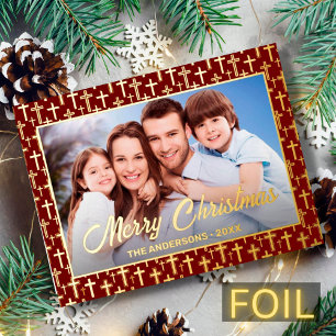 Moderne foto Kerstmis Jezus kruis rood Folie Feestdagen Briefkaart