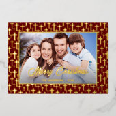 Moderne foto Kerstmis Jezus kruis rood Folie Feestdagenkaart (Voorkant)