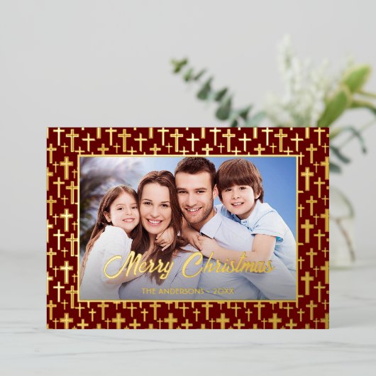 Moderne foto Kerstmis Jezus kruis rood Folie Feestdagenkaart (Staand Voorkant)