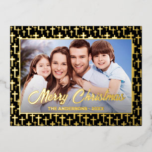 Moderne foto Kerstmis Jezus kruis zwart en goud Folie Feestdagen Briefkaart
