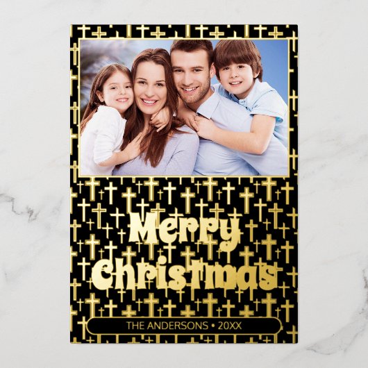 Moderne foto Kerstmis Jezus kruis zwart en goud Folie Feestdagenkaart (Voorkant)