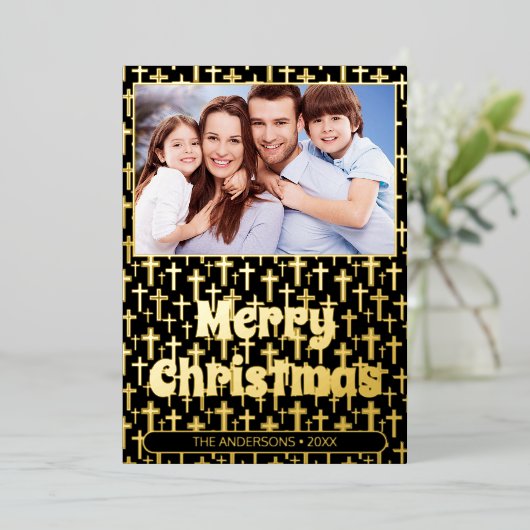 Moderne foto Kerstmis Jezus kruis zwart en goud Folie Feestdagenkaart (Staand Voorkant)