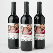 Moderne foto-kerstrood-groen-goudgroen wijn etiket (Flessen)