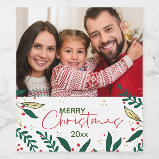 Moderne foto-kerstrood-groen-goudgroen wijn etiket (Enkel label)