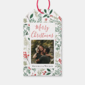 Moderne foto kerstscript rode bessen cadeaulabel (Voorkant)