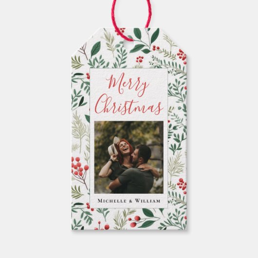 Moderne foto kerstscript rode bessen cadeaulabel (Voorkant)