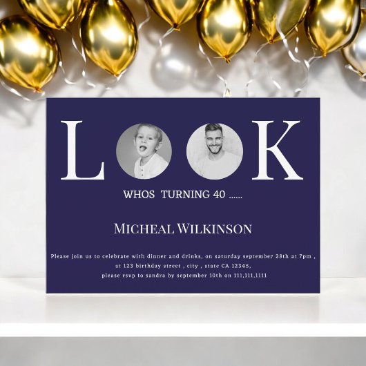 Moderne foto kijken whos 40 marine blauw verjaarda kaart