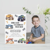 Moderne foto | Kinder Monster Trucks Verjaardagsfe Kaart (Staand voorkant)