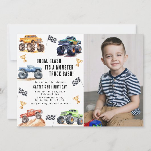 Moderne foto | Kinder Monster Trucks Verjaardagsfe Kaart (Voorkant)