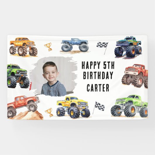 Moderne foto | Kinder Monster Trucks Verjaardagsfe Spandoek (Horizontaal)