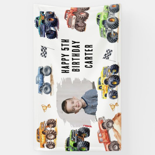 Moderne foto | Kinder Monster Trucks Verjaardagsfe Spandoek (Verticaal)