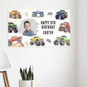 Moderne foto   Kinder Monster Trucks Verjaardagsfe Spandoek